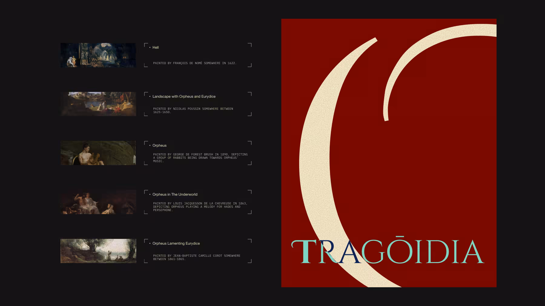 Tragoidia website landing page with chapter list and red logo panel