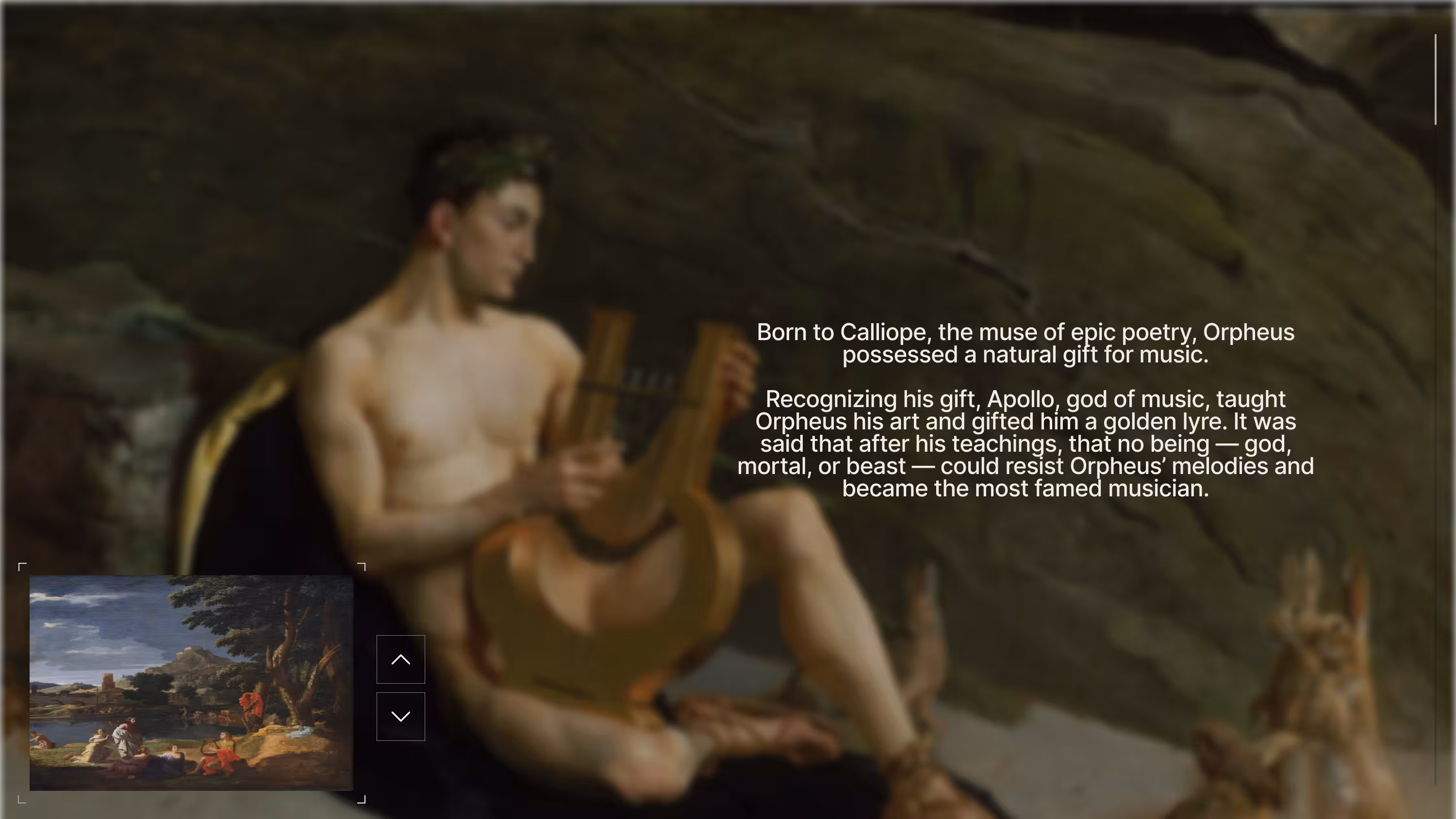 Tragoidia story section about Orpheus with painting navigation